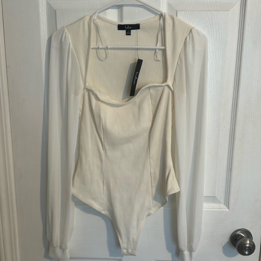 Sweetheart White Ribbed Balloon Sleeve Bodysuit Size Small from Lulus